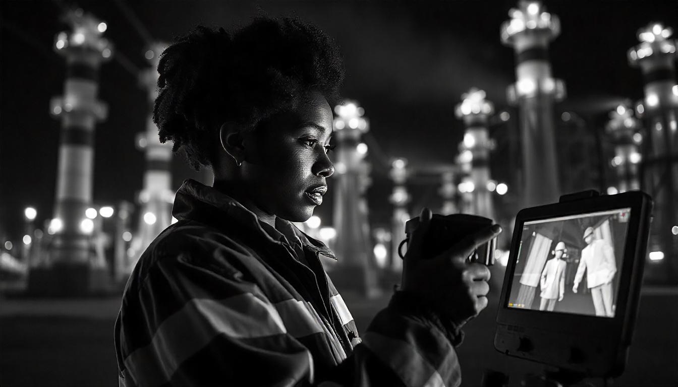 Technicien consultant une caméra thermique de nuit sur un site industriel